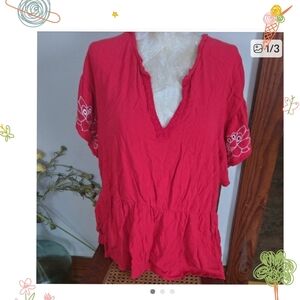 Maurices Dark Coral  V-Neck Short Sleeve Top with Embroidery Size 1x